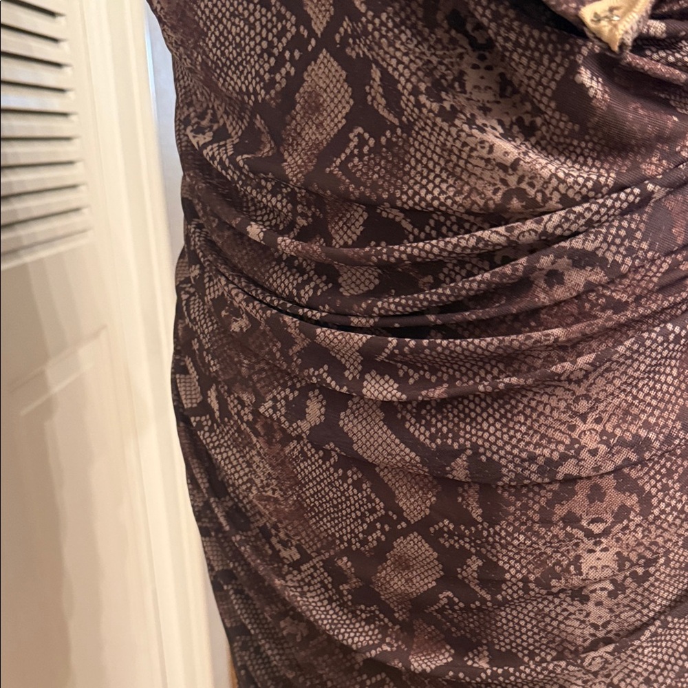 New York & Company Brown Snake-Print One-Shoulder Ruched Midi Dress - Picture 6 of 6